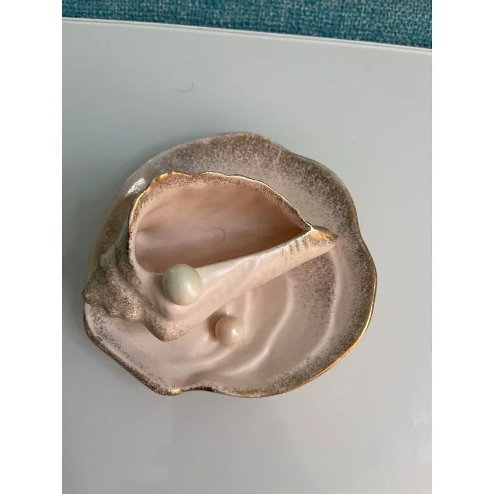 Vintage Set Of Two Bowl Planter Ceramic Shell And Pearl Trinket Pink Gold